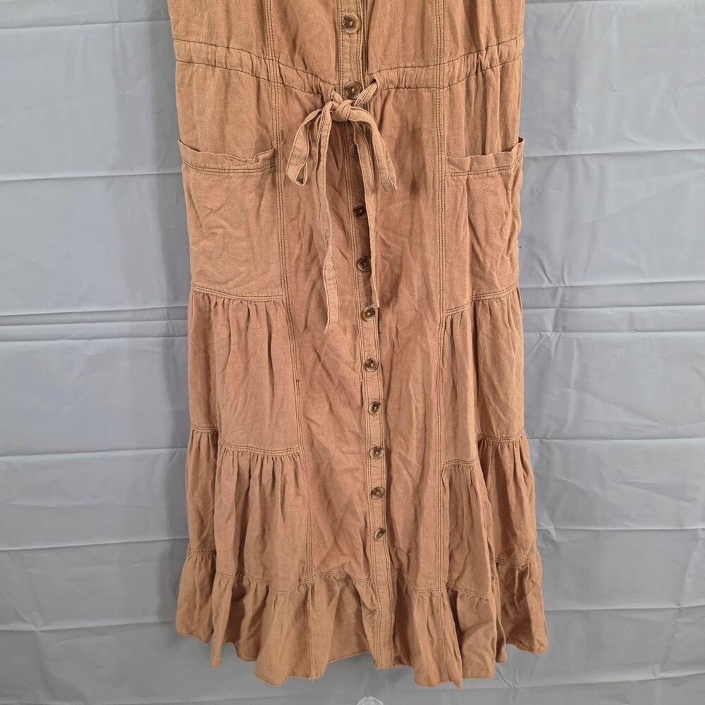 Free People Dress Medium Catch the Breeze Tan Linen Midi Brown Boho Casual - Picture 5 of 12